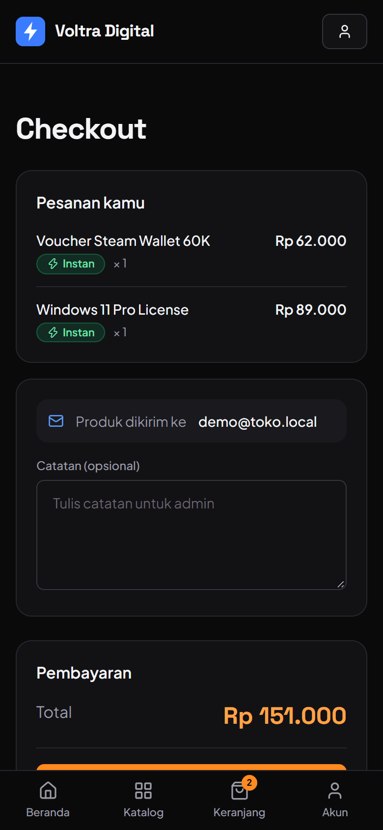 Halaman checkout dengan dua produk