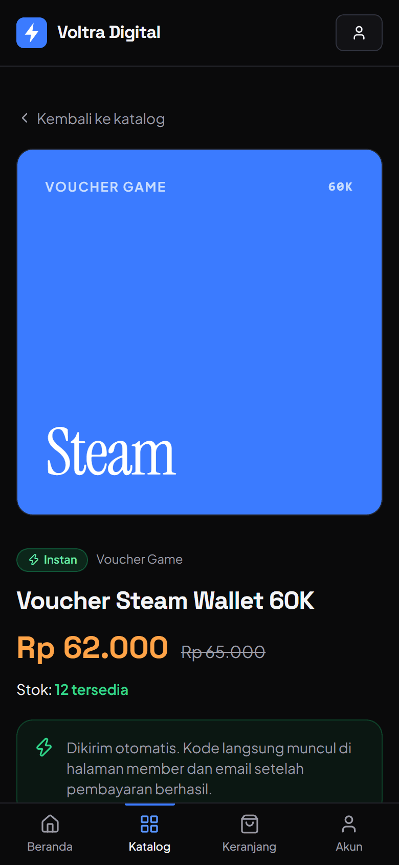 Halaman detail produk Steam Wallet 60K