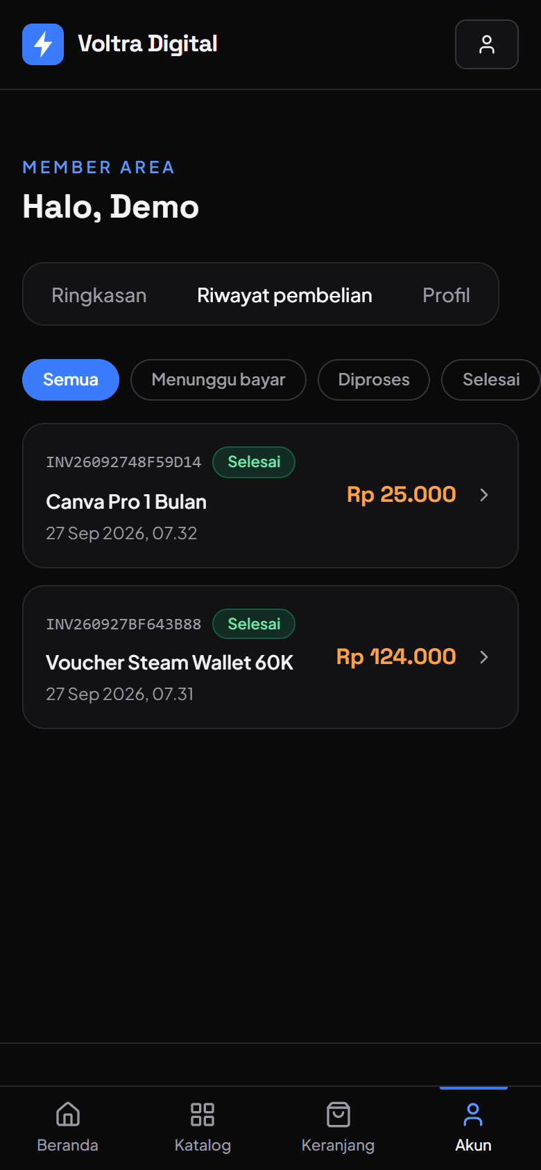 Riwayat pembelian di member area