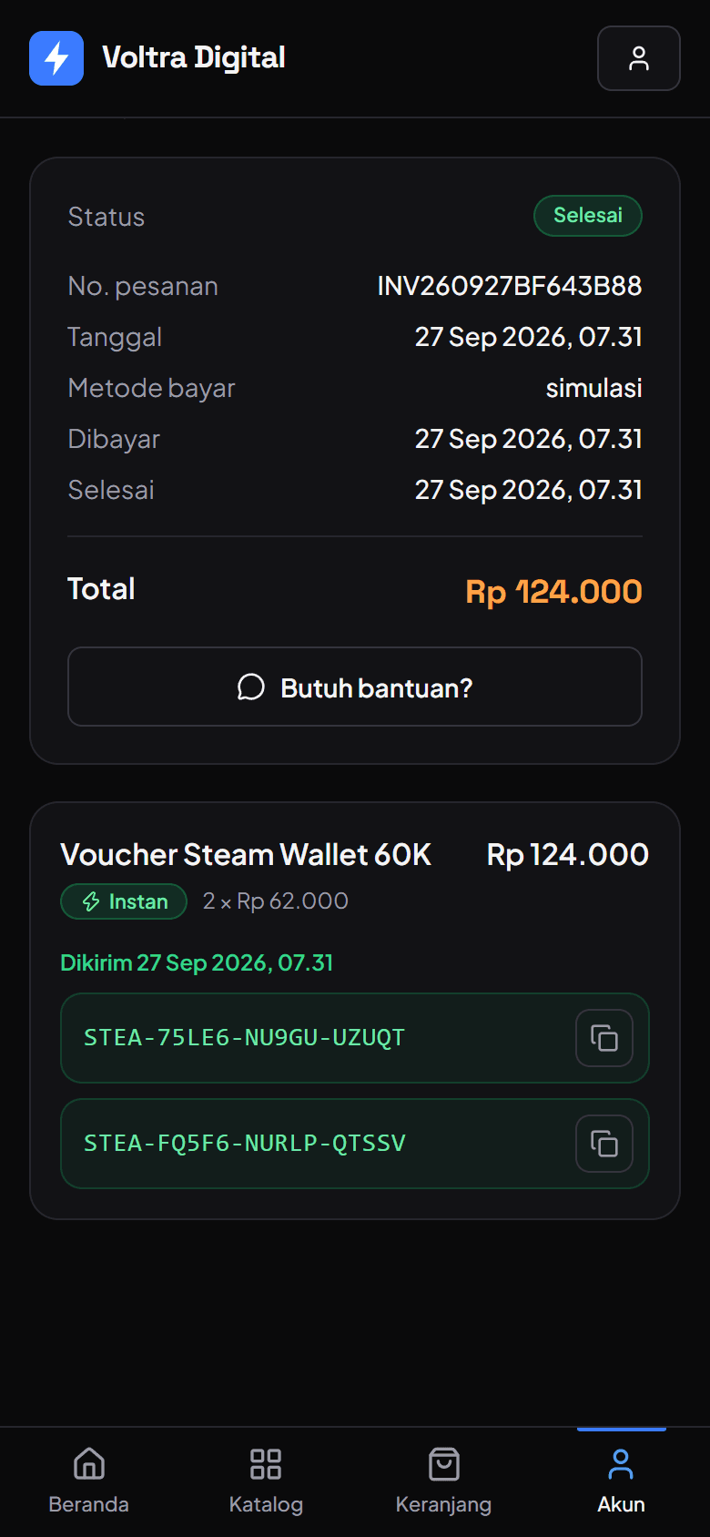 Halaman pesanan dengan dua kode voucher Steam